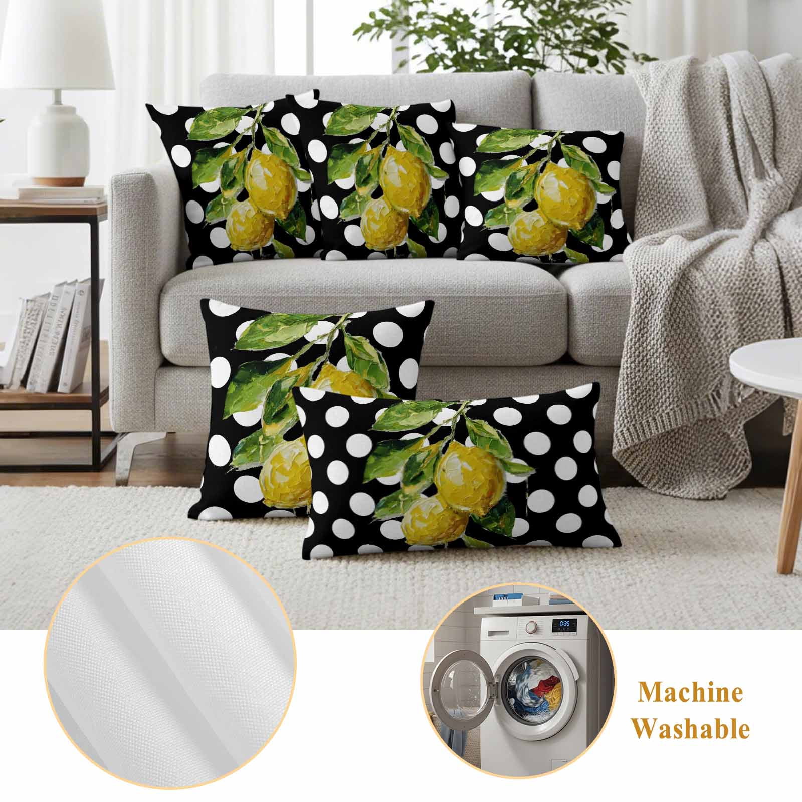 Outdoor Pillow Covers Farmhouse Yellow Lemon Green Leaf Waterproof Pillow Cases 16x16 Set of 2, Black White Polka Dot Throw Pillow Cover Pillowcase for Patio Balcony Couch Garden