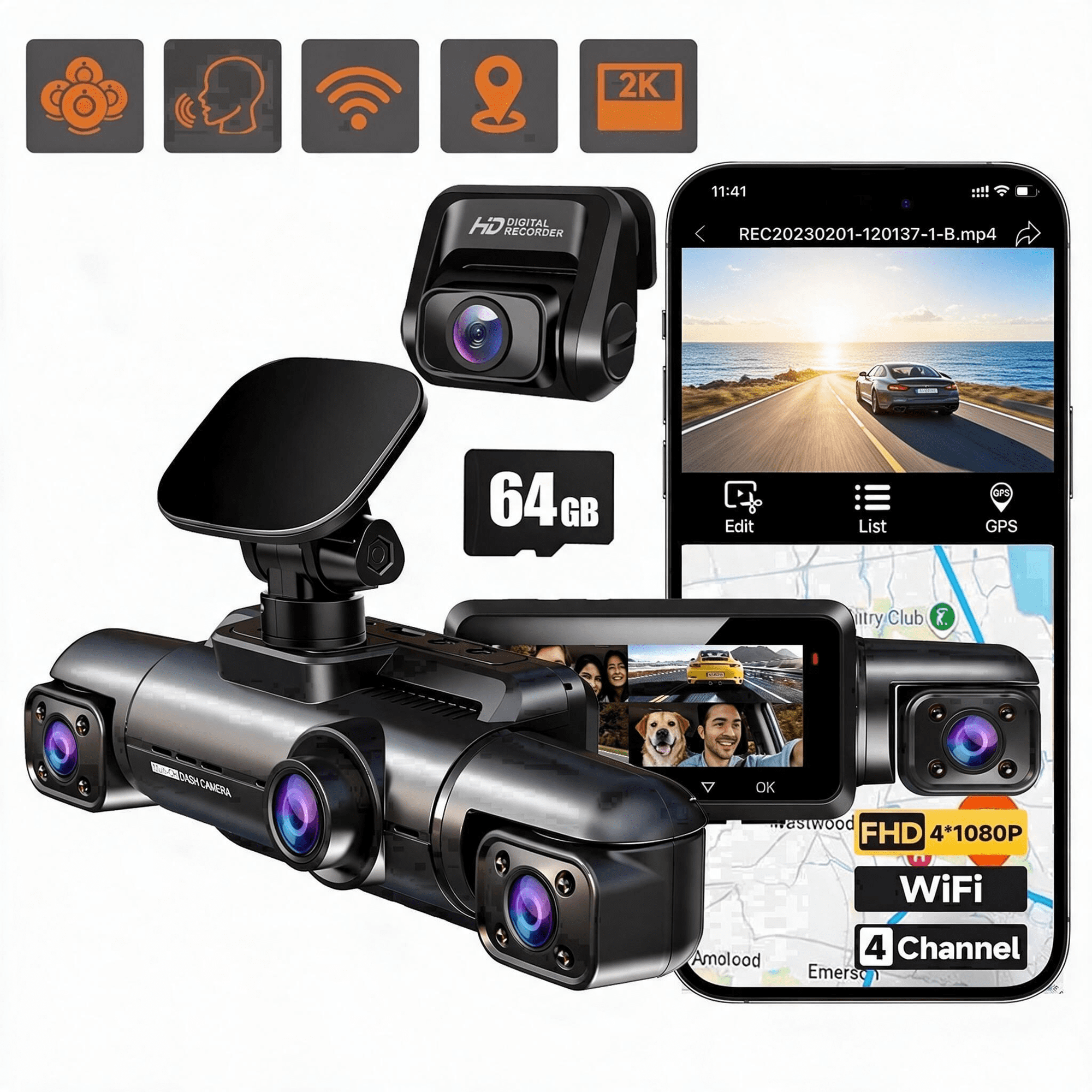 360° GPS 4-Channel Dash Cam for Cars, 1080P Front and Rear Inside Dashcam, Voice Control Car Camera, 64GB SD Card Included, IR Night Vision, WDR, WiFi & App Support, 24H Parking Mode