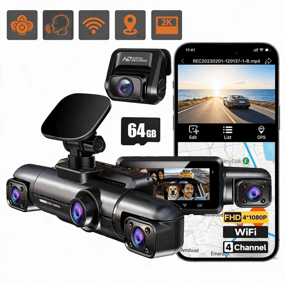 360° GPS 4-Channel Dash Cam for Cars, 1080P Front and Rear Inside Dashcam, Voice Control Car Camera, 64GB SD Card Included, IR Night Vision, WDR, WiFi & App Support, 24H Parking Mode