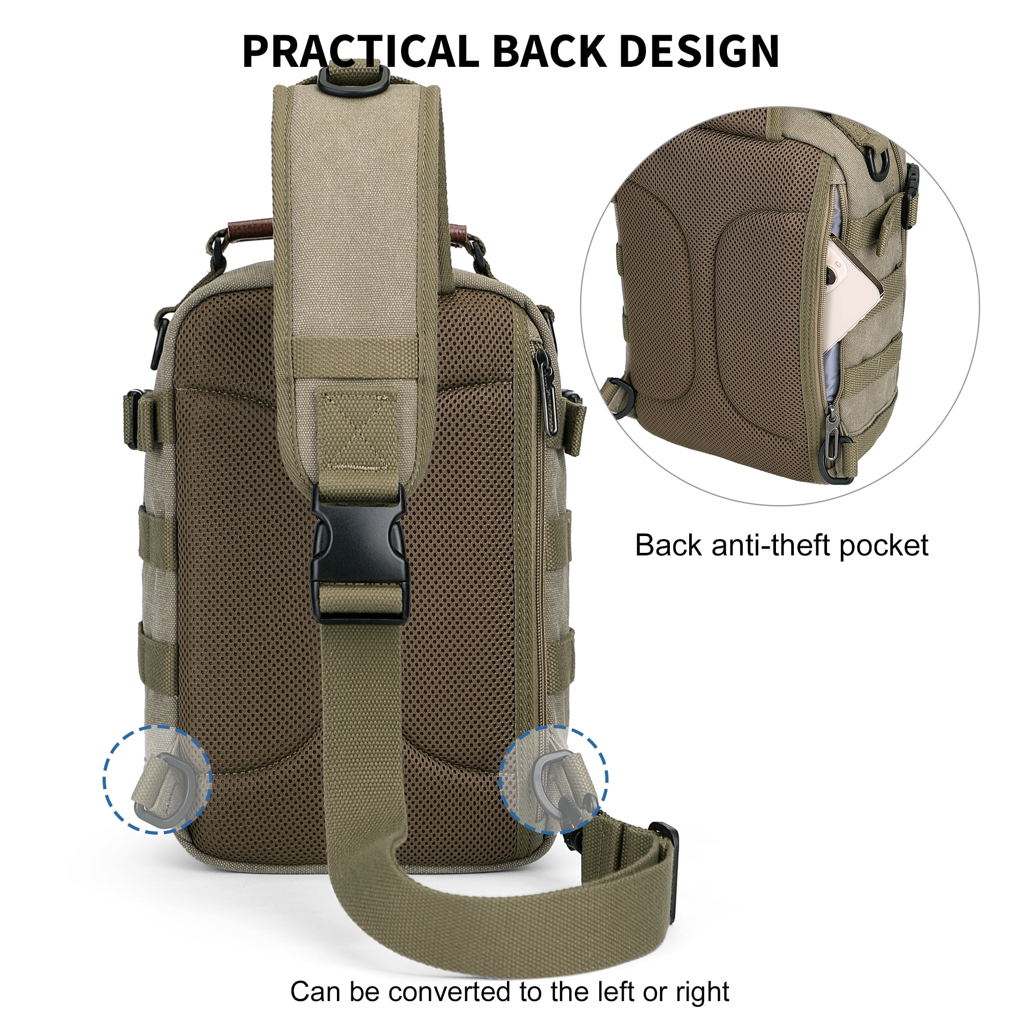 WITZMAN Sling Bag for Men Canvas Casual Chest Bag with USB Charging Port for Travel Daily Work(A8021 Army Green)