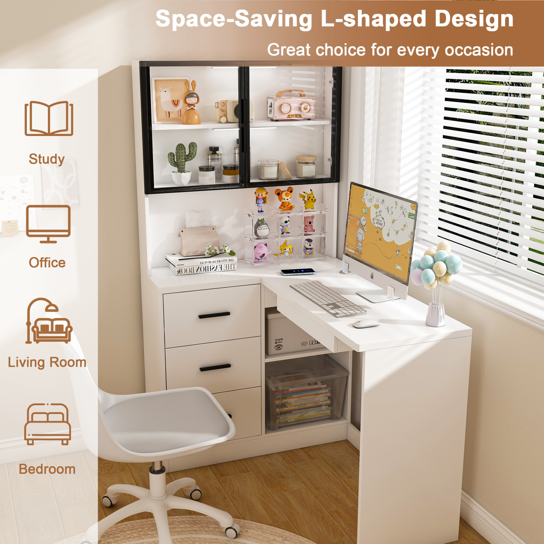 L Shaped Desk with LED Lights and Charging Ports, Corner Computer Desk with Keyboard Tray, Glass Cabinets and 3 Drawers for Home Office, White