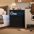 thumbnail image 7 of Hiphuta Farmhouse Set of 2 Nightstands with Charge Station, Wood End Table with 3 Drawers for Adult Bedroom, LEDS Bedside Table for Living Room, Black, 7 of 7