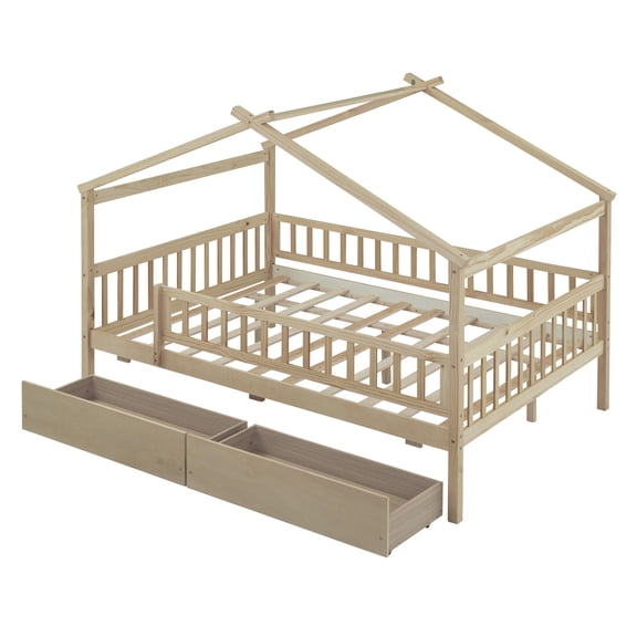 Dtwnek Full Size Wooden House Bed with 2 Drawers, Brown