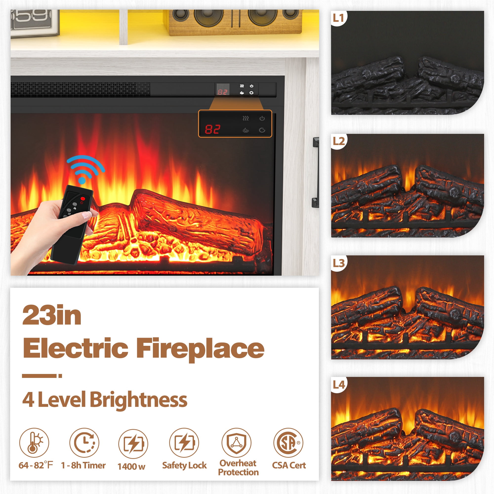 Paproos Fireplace TV Stand for 65 inch TV with LED Lights, 32.0in Tall TV Stand with 23'' Electric Fireplace, Entertainment Center for Living Room, 400 Sqt Heating Area, Brown Tabletop&White Cabinet