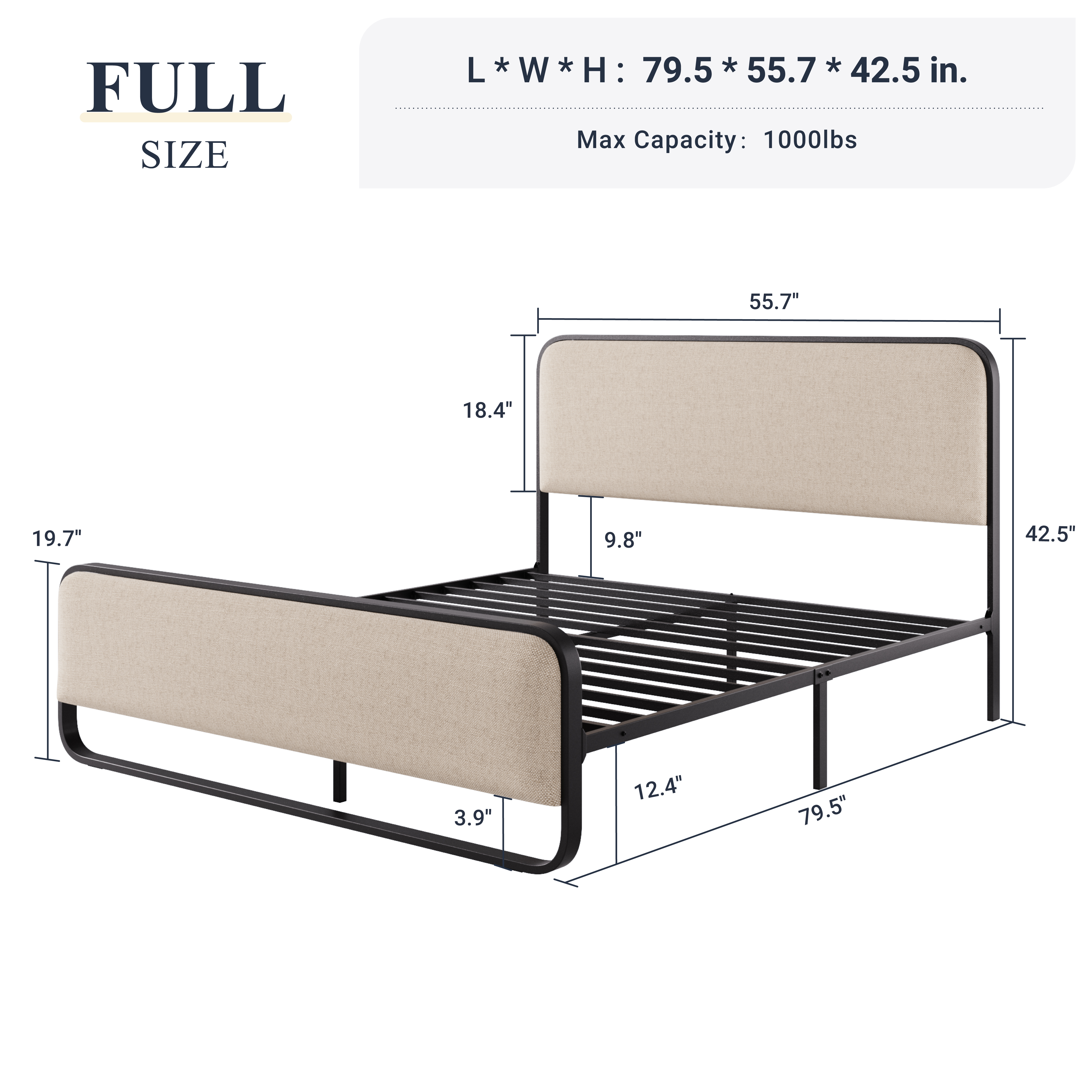 Allewie Full Size Metal Platform Bed Frame with Curved Upholstered Headboard and Footboard, Beige