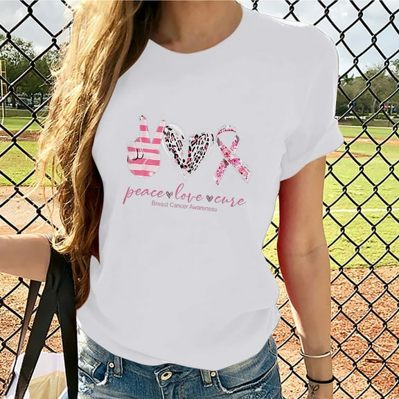 Luxalzxs Peace Love Cure Pink Ribbon Breast Cancer Awareness T-Shirt for Women Short Sleeve Crew Neck Leopard Cancer Fighter Tees Tops
