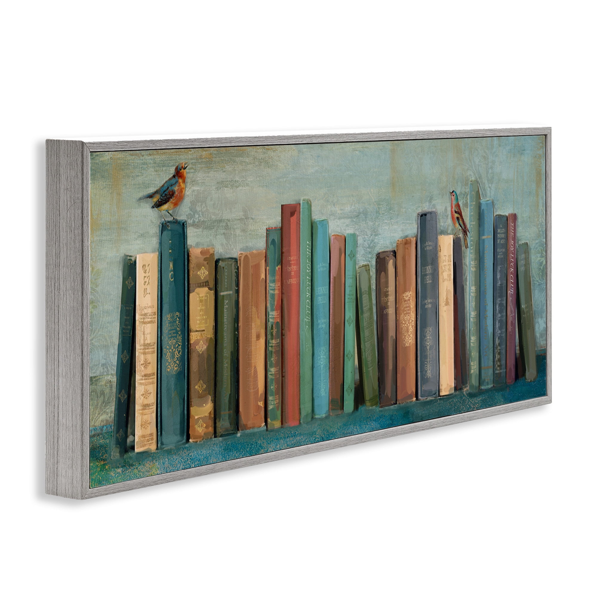 Stupell Industries Books And Birds Bookshelf Painting Animals & Insects Painting Gray Framed Art Print Wall Art, 24 x 10