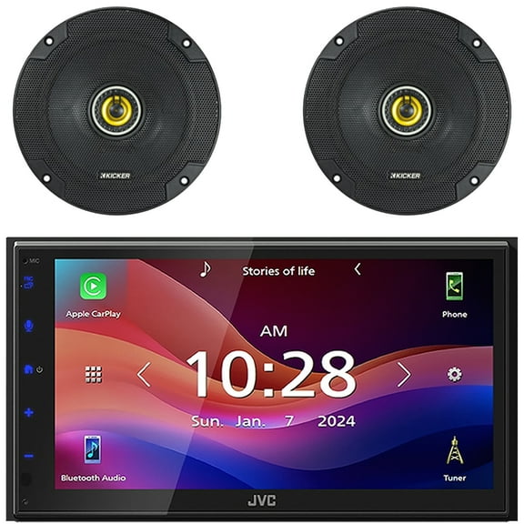 JVC KW-M690BW 6.8" Capacitive Monitor Single-DIN Bluetooth USB/MP3 Digital Media Shallow Chassis Multimedia Receiver, 2x Kicker CSC65 CS Series 6.5" 300W Max Power 2-Way Car Audio Coaxial Speakers