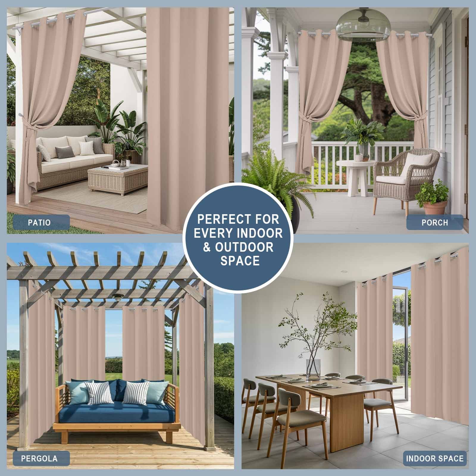 Warm Beige Outdoor Curtains for Patio Waterproof, Windproof Privacy Curtains with Weighted Bottom, Solid Color Farmhouse Beige Outside Drapes for Picnic Garage Backyard Cabana 54"x84" 2 Panel