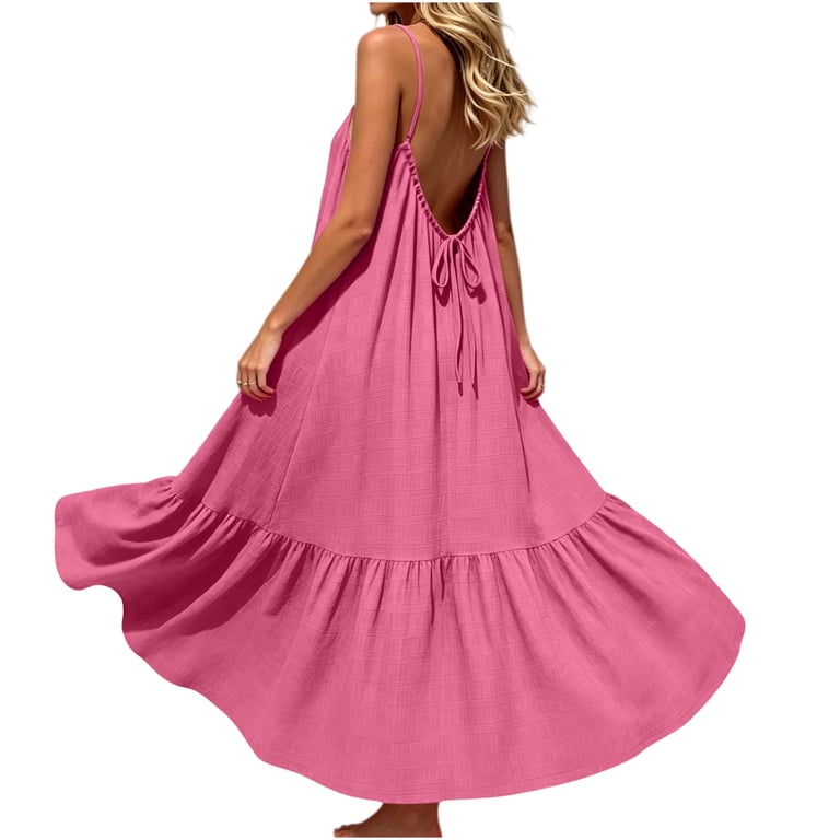 drawstring backless dress Royisotas Backless Dress for Women Drawstring Adjustable Casual Summer Ruched Spaghetti strap Womens Solid Maxi Dress, Women's, Size: 2XL, Pink