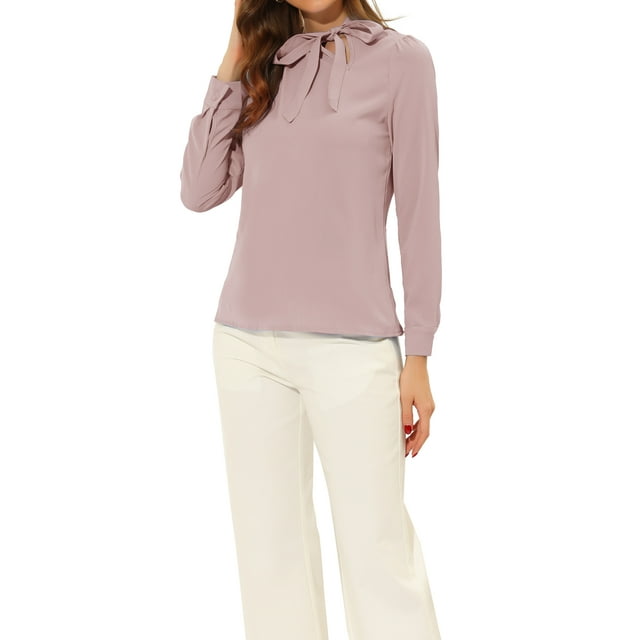 Unique Bargains Blouse Élégante à Col Noué pour Femmes Bureau Manches Longues Rose TP