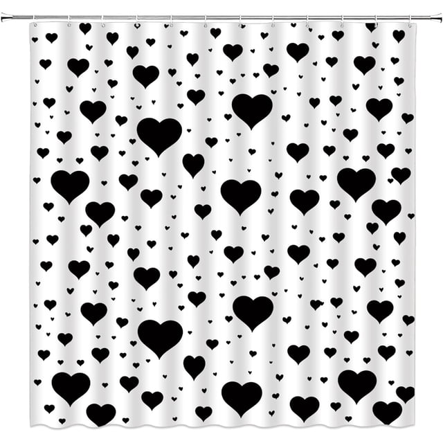 Cortina de ducha para el Día de San Valentín, diseño de corazón blanco y negro, con diseño romántico para mujer y niña, extra larga, con ganchos, 187 cm de ancho x 213 cm de alto