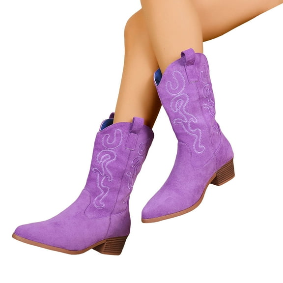 Mid Calf Suede Cowboy Boots for Women Chunky Heel Pull On Wide Calf Western Embroidery Cowgirl Booties