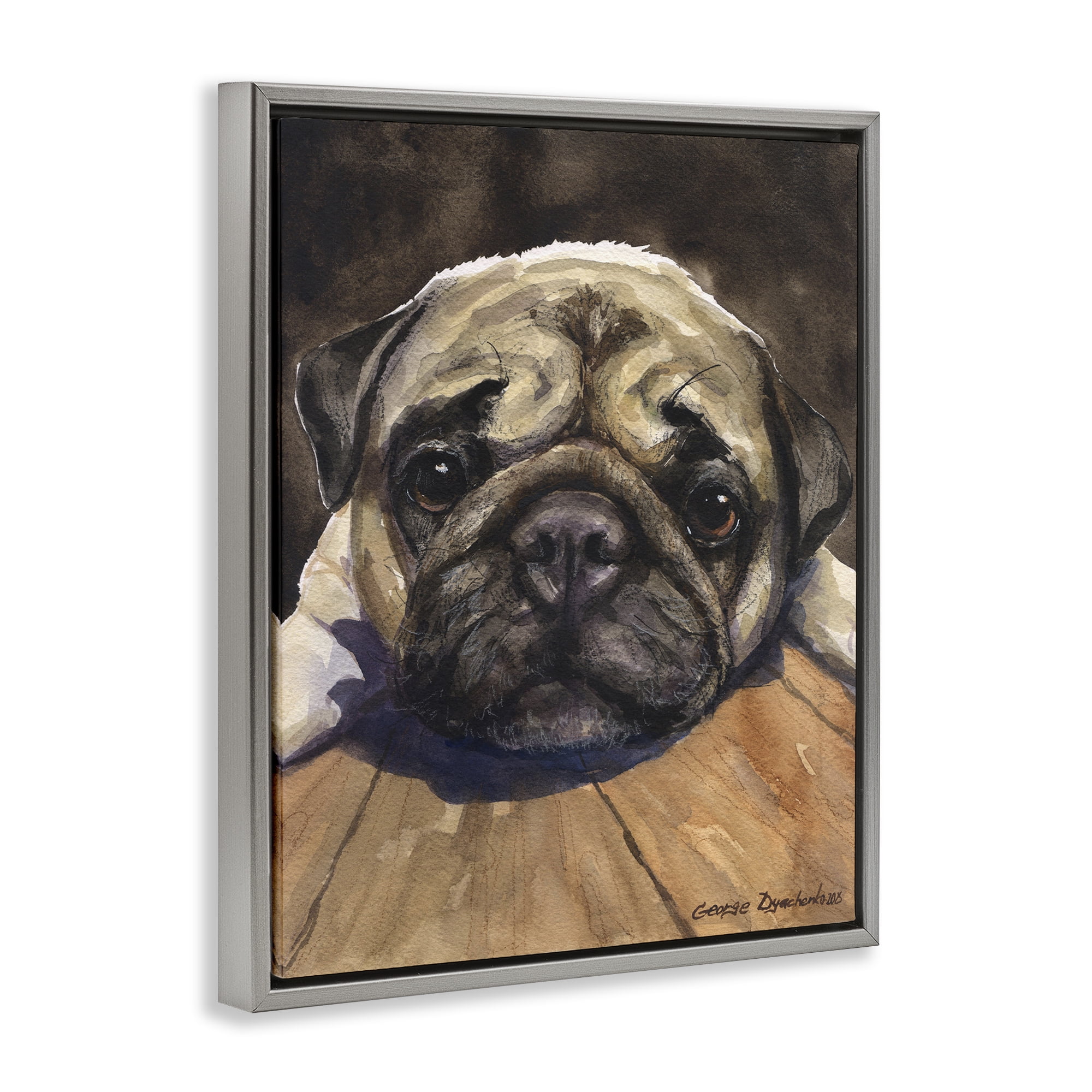 Stupell Industries Pug Soulful Portrait Gray Framed Floater Canvas Wall Art, design by George Dyachenko
