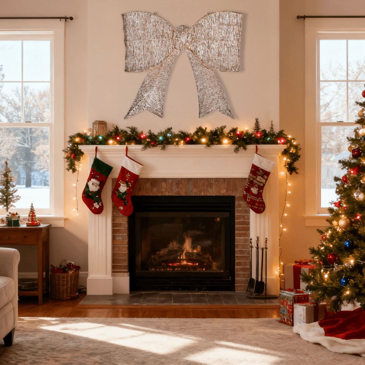 28.3in Pre-Lit Outdoor Christmas Bowknot, 124 Warm White LEDs, Sparkling Tinsel Fabric, Collapsible for Indoor/Outdoor Use