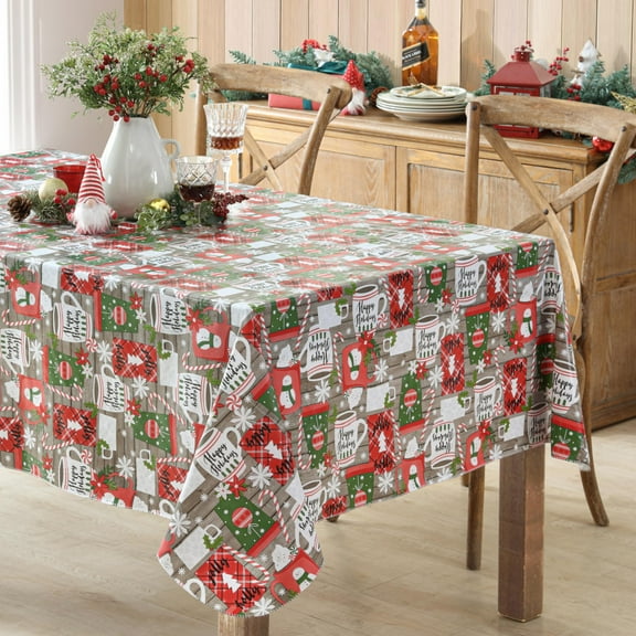 Newbridge Jolly Holiday Candy Cane And Hot Cocoa Flannel Back Vinyl Christmas Tablecloth Happy Holidays Farmhouse Winter Easy Care Vinyl Tablecloth, 52” x 70” Oblong/Rectangle