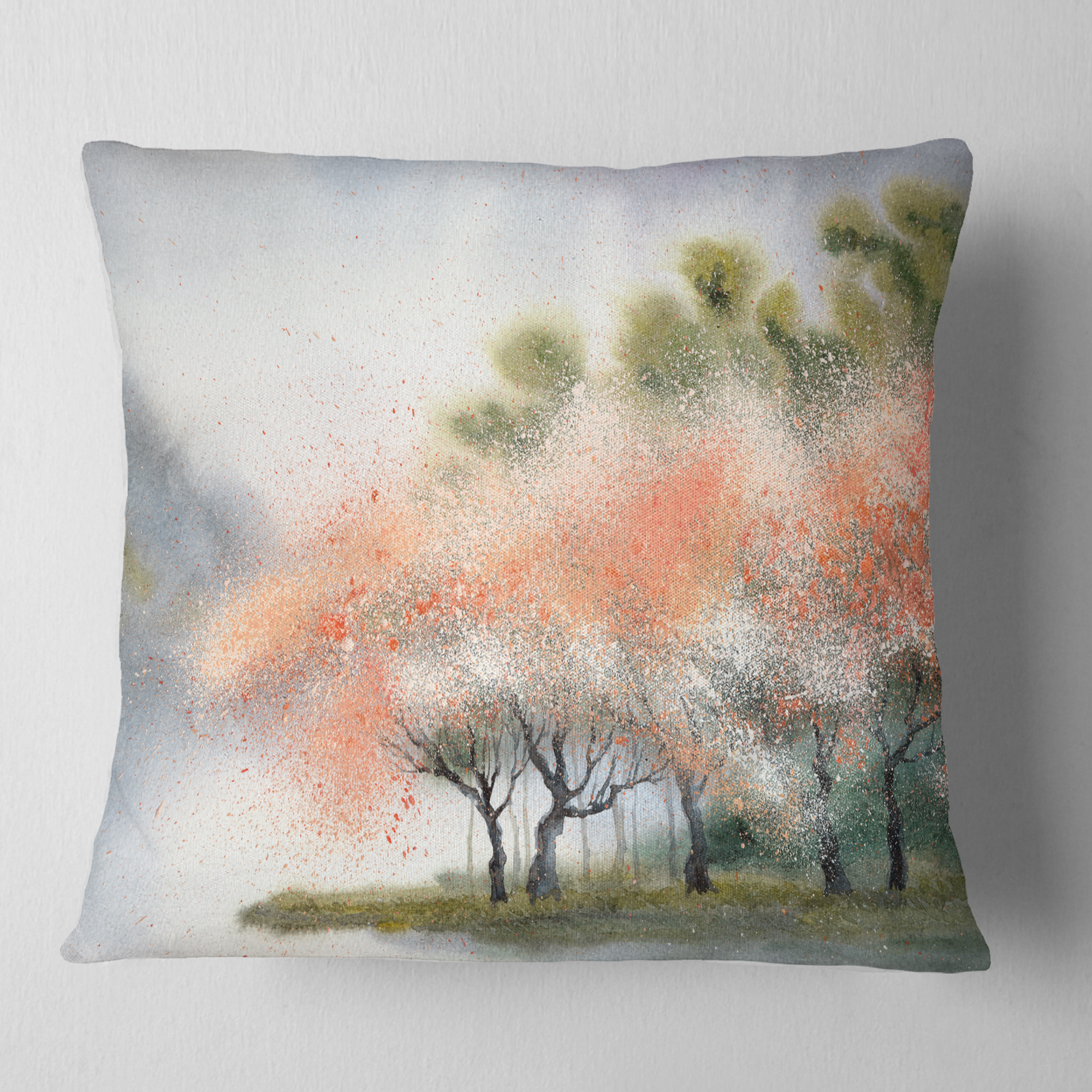 Designart Trees with Flowers Near River - Landscape Printed Throw Pillow - 16x16