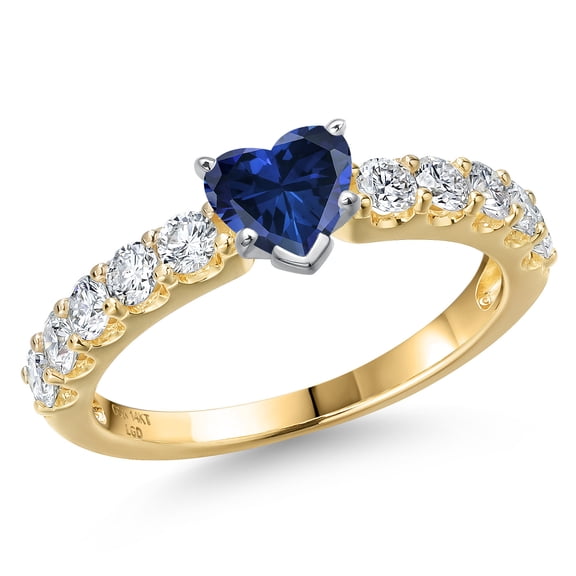 Gem Stone King 14K Two Tone Gold Blue Created Sapphire and Lab Grown Diamond Engagement Ring for Women | 1.15 Cttw | Heart Shape 5MM | Gemstone September Birthstone | Size 8