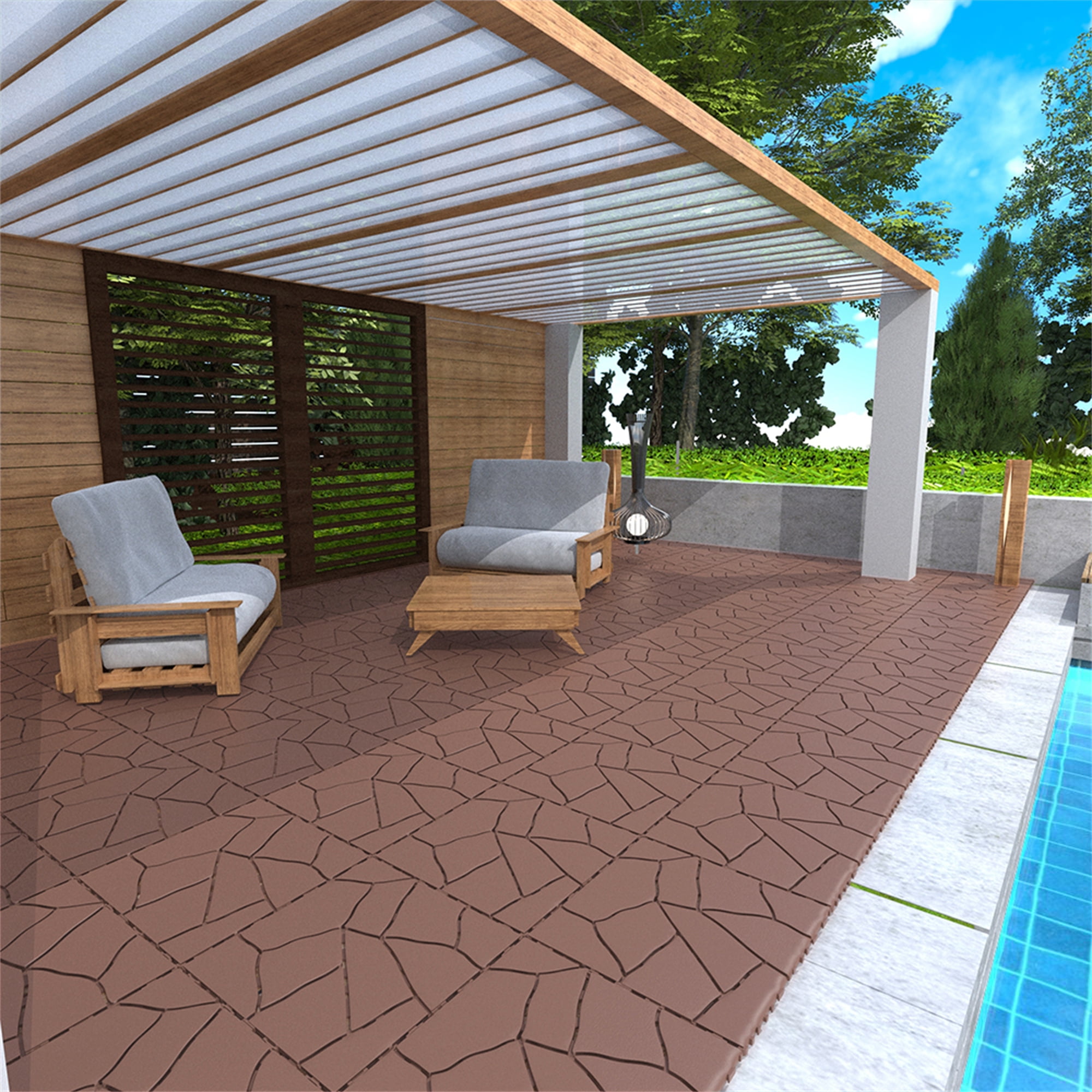 Miniyam 44 Pcs Interlocking Deck Tiles, 12" x 12", Polypropylene, for Outdoor, Patio Balcony, Brown