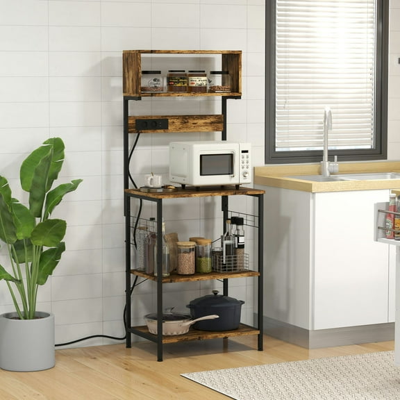 Resenkos Kitchen Bakers Rack With Power Outlet, Usb Charger, Microwave Stand, Coffee Bar With Adjustable Shelves, Rustic Brown