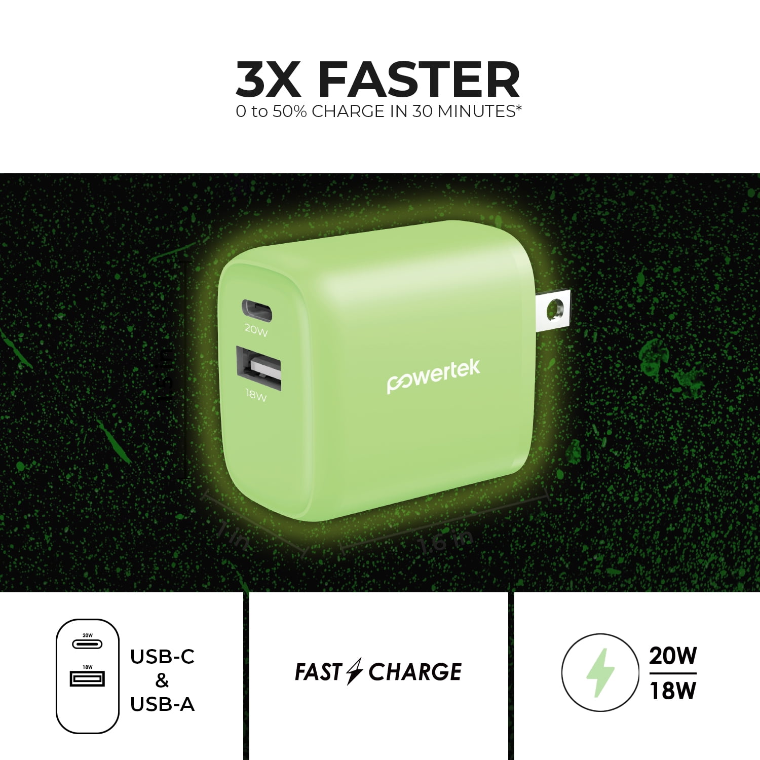 Liquipel Powertek Glow in the Dark 20W Combo Wall Charger - Green