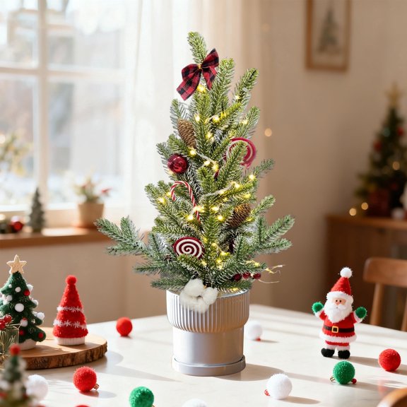 HioHa 1.8-Ft Mini Christmas Tree, Flocked Branches with Plaid Bow and Candy Ornaments, Artificial Tabletop Tree for Desk Mantel Shelf Indoor Decor