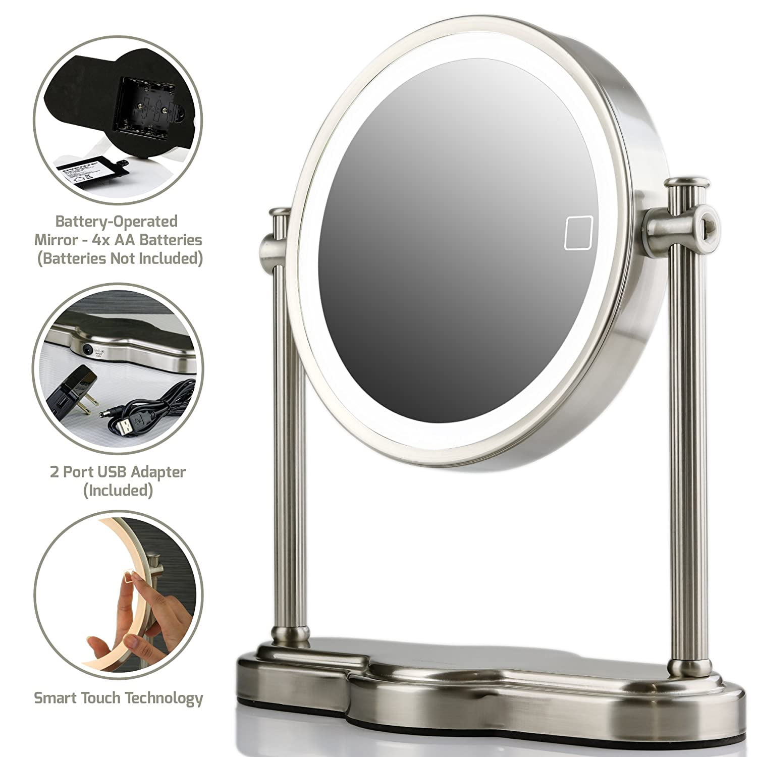 Ovente Lighted Table Top Makeup Mirror 8 Inch 1x 5x Magnifier 3 Color Tone Smart Touch Circle Led 360 Degree Double Sided Auto Shut Off Hand Held Battery Usb Operated Large Nickel Ovente Lighted Table Top Makeup Mirror 8 Inch 1x 5x Magnifier 3 Color Tone Smart Touch Circle Led 360 Degree Double Sided Auto Shut Off Hand Held Battery Usb Operated Large Nickel
