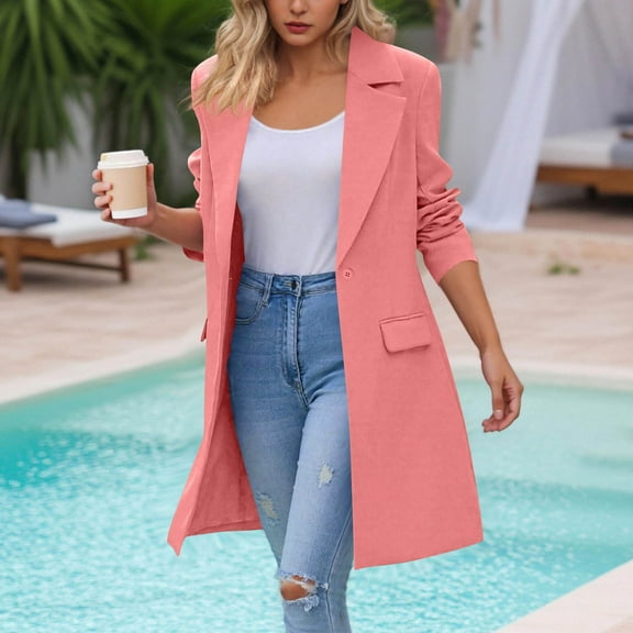 Women's Long Blazer Jacket Open Front Lapel Collar Button Dressy Work Office Casual Cardigan Style Suit Coat with Lapel Pockets