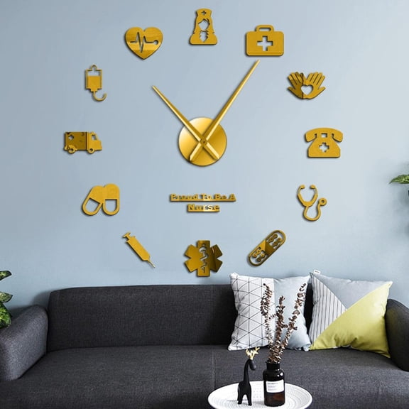 Proud To Be A Nurse Doctor & Nurse Kit DIY Large Wall Clocks Medical Office Hospital Wall Art Decor Long Hands Clock Wall Watch(Gold,37inch)