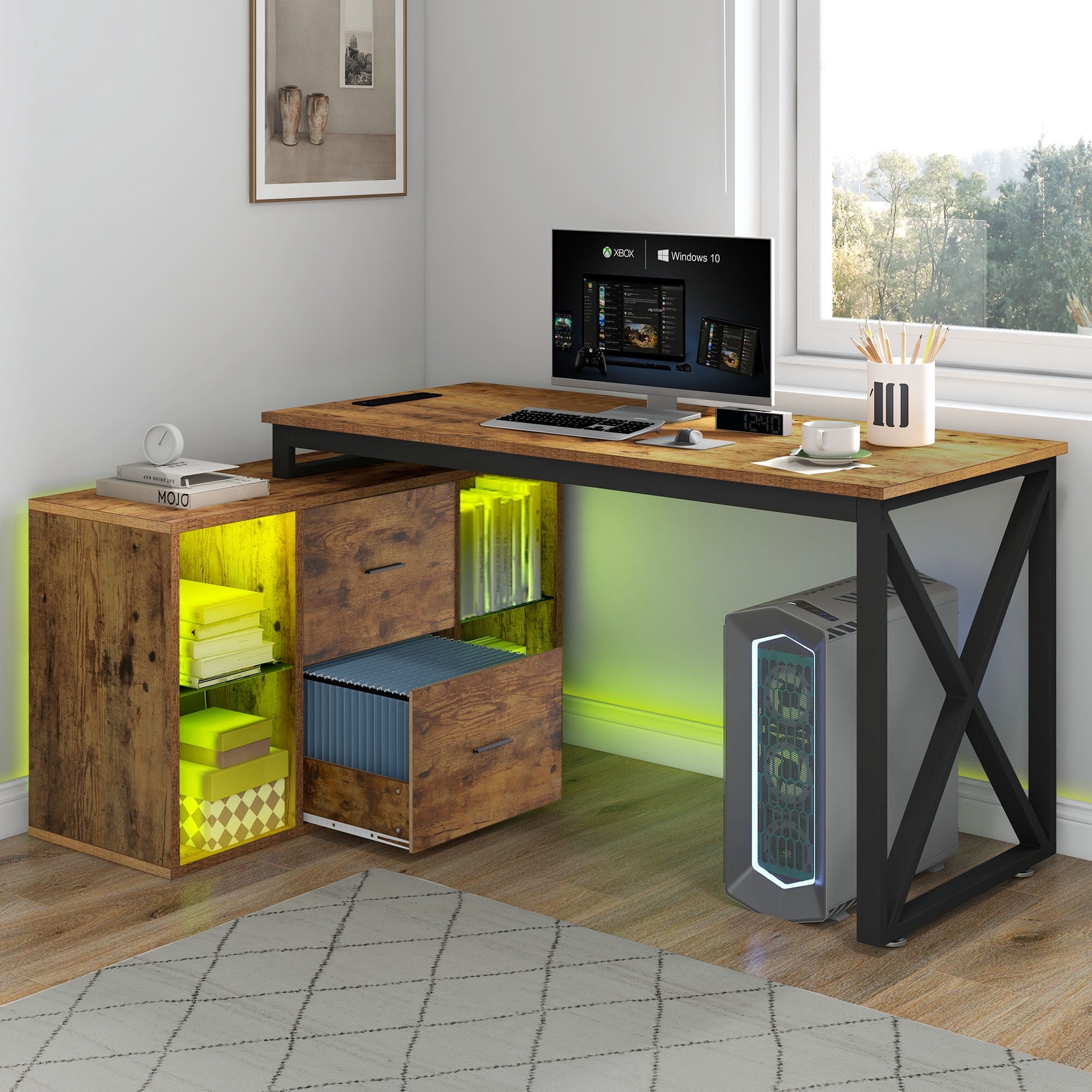 Dextrus L Shaped Desk with LED Light & Power Outlets, 55 inch Reversible Corner Desk with File Cabinet & Storage Shelves, Computer Desk Office Desk Writing Desk, Brown