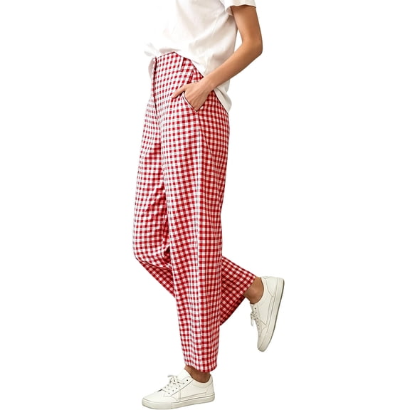 hoksml Women Button Fly Gingham Plaid Cropped Wide Leg Pants High Waist Loose Ankle Trousers for Vacation Street Daily Casual Wear