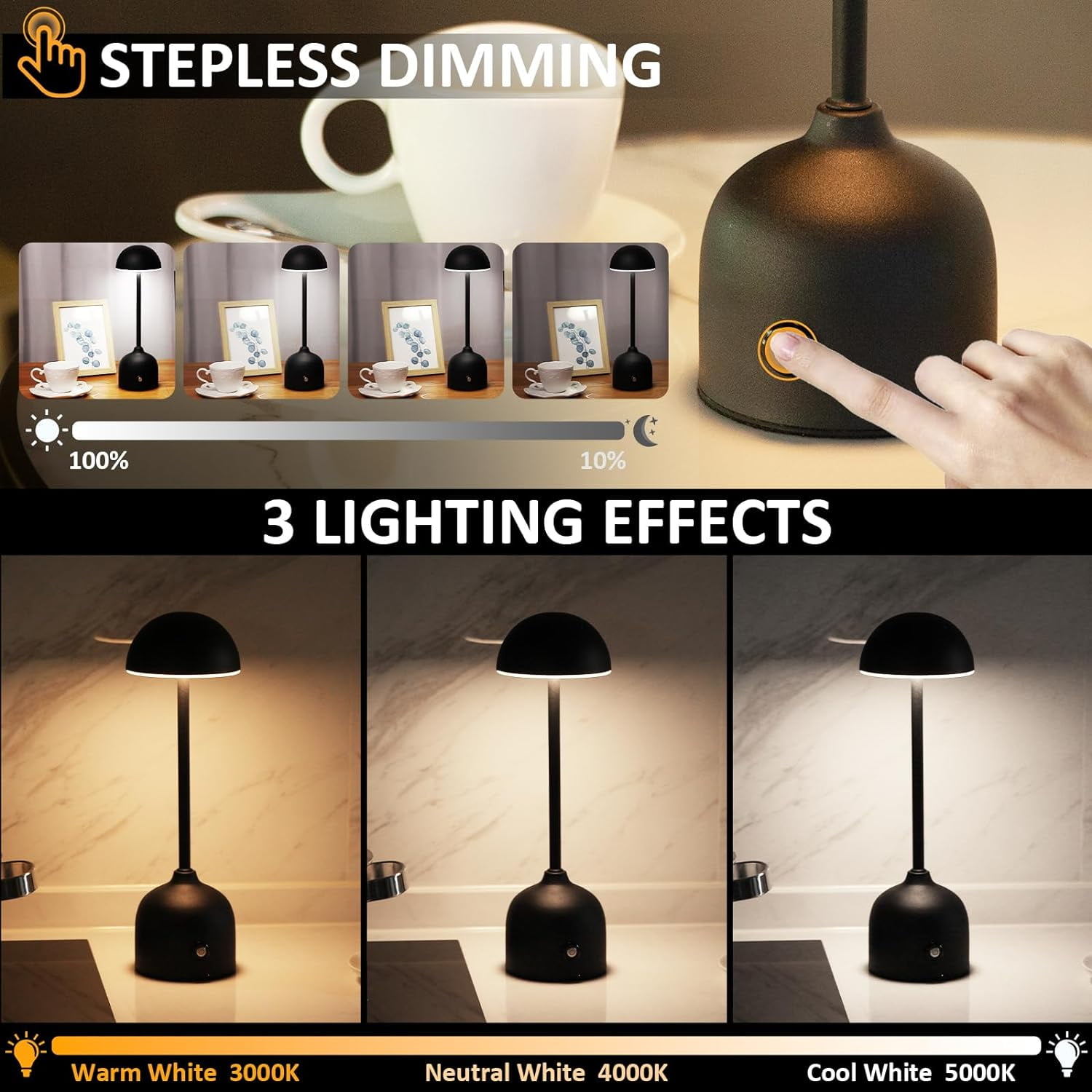 Yoobao 1 Pack Portable LED Cordless Table Lamp Light Rechargeable, 4500mAh Battery Operated Desk Lamp, 3-Color Stepless Dimmable Bedside Touch Lamps for Living Room Bedroom Nightstand Home