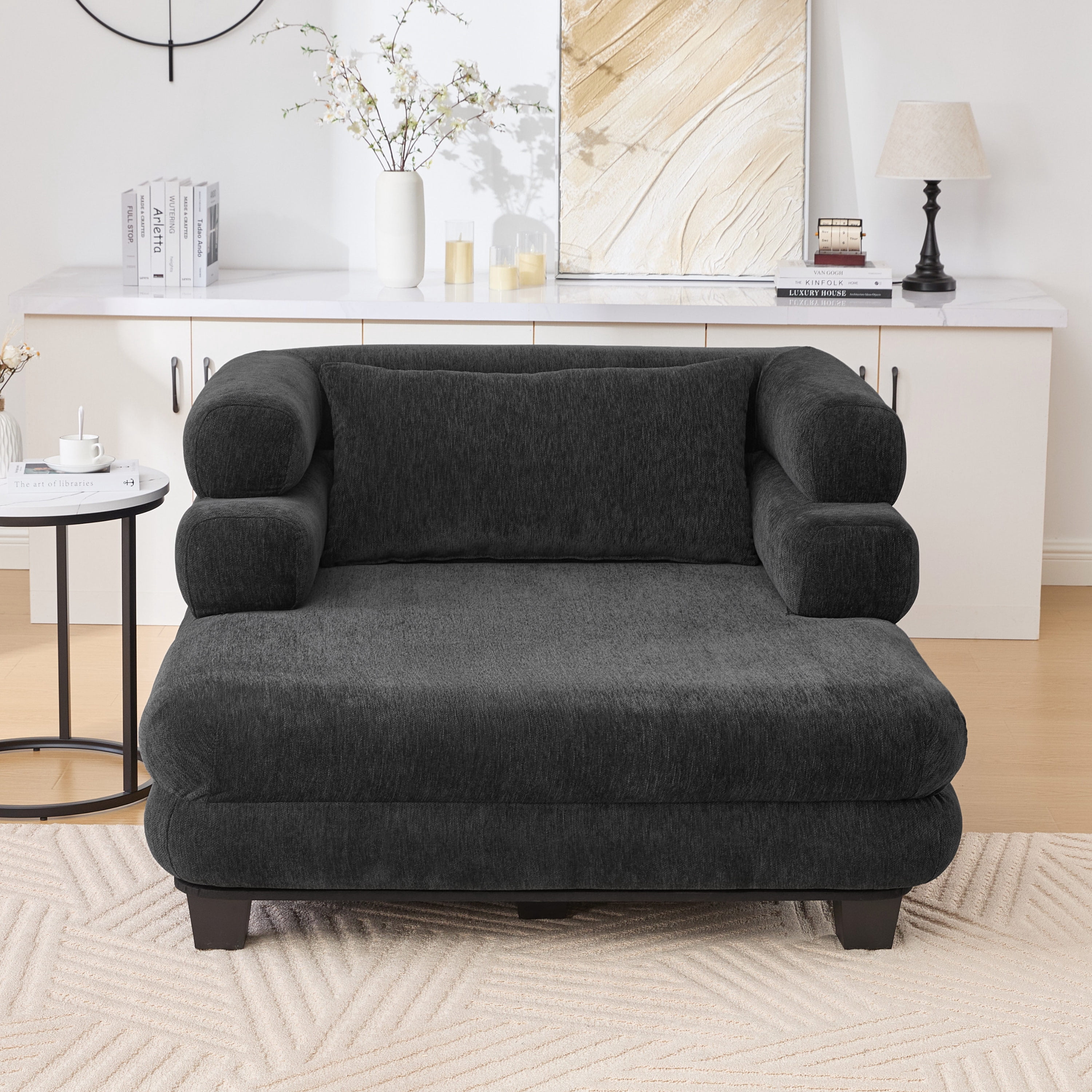 Euroco Oversized Chaise Lounge 52.4" Modern Comfy Lounger Chenille Upholstered Sofa Bed with Deep Seat and Layered Armrests for Living Room or Bedroom, Black
