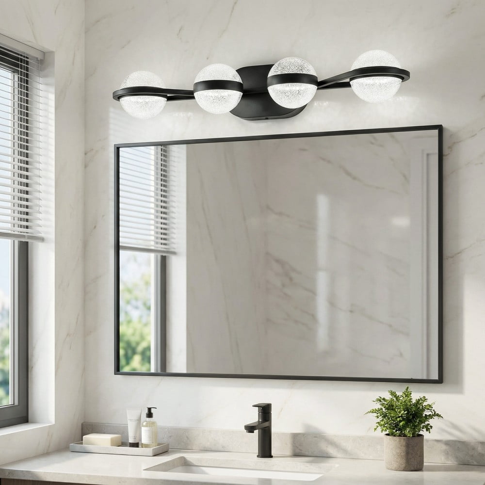 30" Black Minimalist LED Bathroom Vanity Light, 4-Light Wall Mounted Fixture with Crystal Sand Acrylic Shades, Modern Decorative Lighting for Mirror, Sink, and Vanity Area