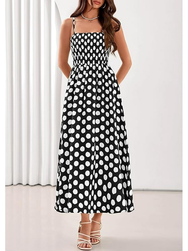 Prettygarden Womens Summer Dresses Spring Sleeveless Spaghetti Straps Casual Midi Dress Polka Dot Smocked Beach Sundress, Women's, Size: Large, Black