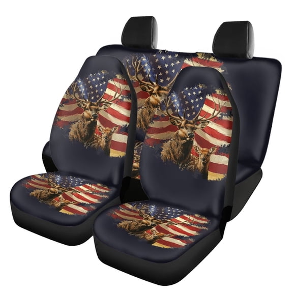 Pzuqiu USA Flag Deer Car Seat Covers Full Set Easy Installation, Interior Accessories, Suitable for Automotive Seat, Fit for Trucks