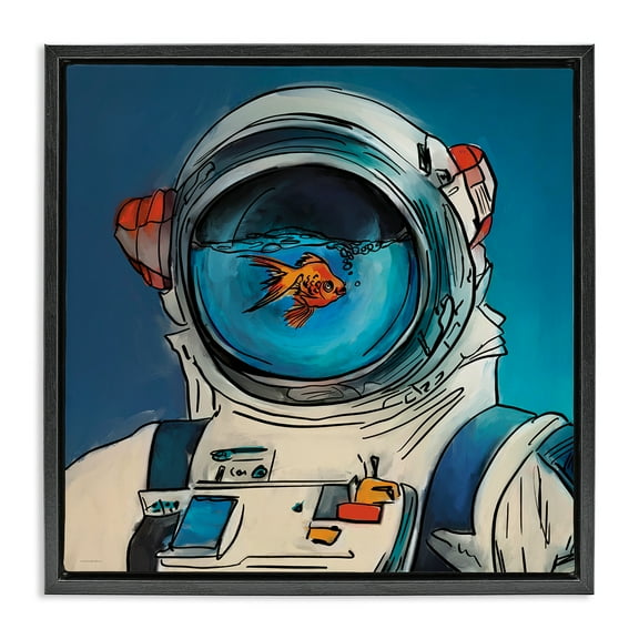 Stupell Industries Goldfish Astronaut Suit Outer Space Painting Black Floater Framed Canvas Art Print Wall Art, 18 x 18