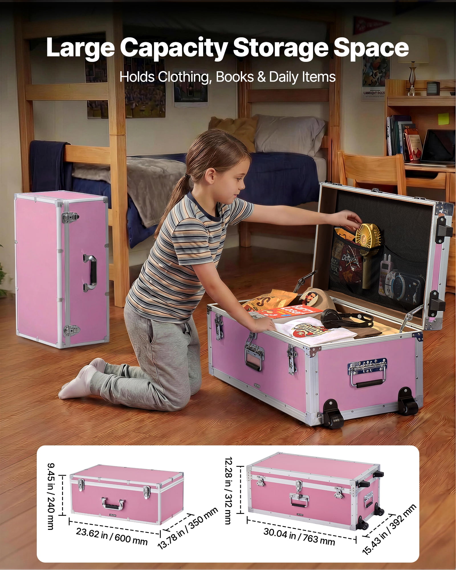 VEVOR Metal Storage Trunk, Set of 2, Wooden Suitcase Storage Boxes with Padlocks, Large Trunk Includes Casters and 3 Metal Handles, Decorative Store Chest with Lids for Travel, Apartment, Dorm, Pink