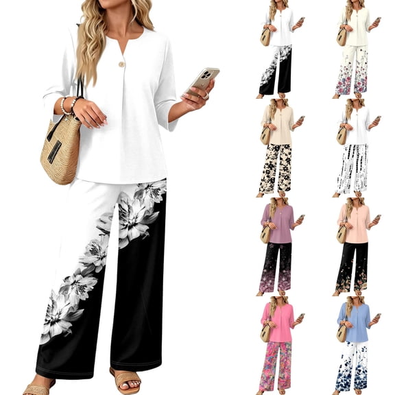 Womens 2 Piece Sets Summer Spring Travel Vacation Outfits Casual V-Neck Lounge Tops Wide Leg Pants Matching Set
