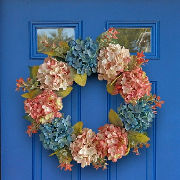 Fall Wreaths for Front Door, Hydrangea Wreath for Wall Window Wedding Decor Indoor , Artificial Fall blue-pink silk flower