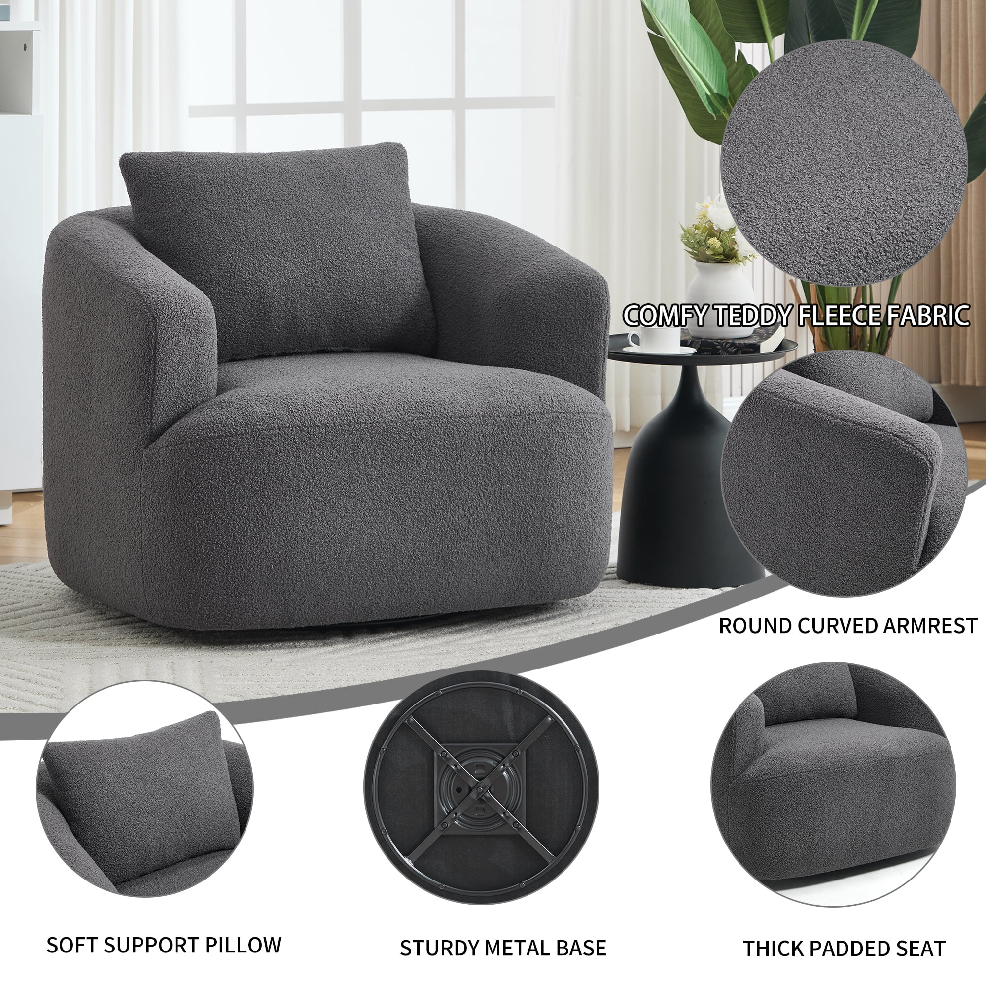Swivel Accent Chair,360° Round Upholstered Armchair with One Soft Pillow,Teddy Fleece High-Resilience Sponge Single Sofa for Living Room, Bedroom, Apartment,No Assembly,Antique Dark Grey