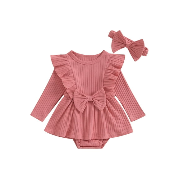 Bagilaanoe Newborn Baby Girl Rompers Dress Long Sleeve Bodysuit   Headband 3M 6M 9M 12M 18M Infant Fall A-line Dress