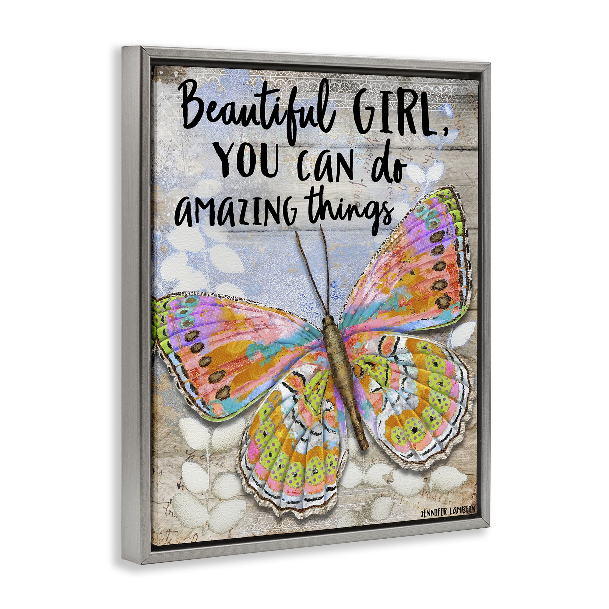 Stupell Industries Beautiful Girl & Butterfly Animals Painting Gray Floater Framed Canvas Art Print Wall Art, 17 x 21