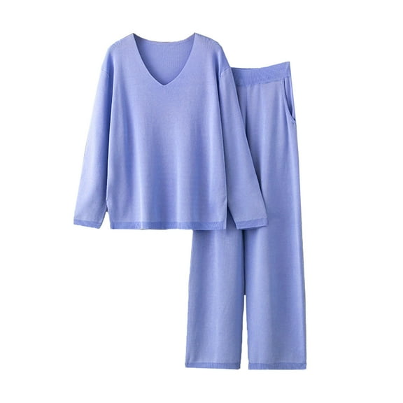 BLVB Women's 2 Piece Outfits Casual V Neck Long Sleeve Knit Sweater Tops Wide Leg Pants Lounge Sets Tracksuits