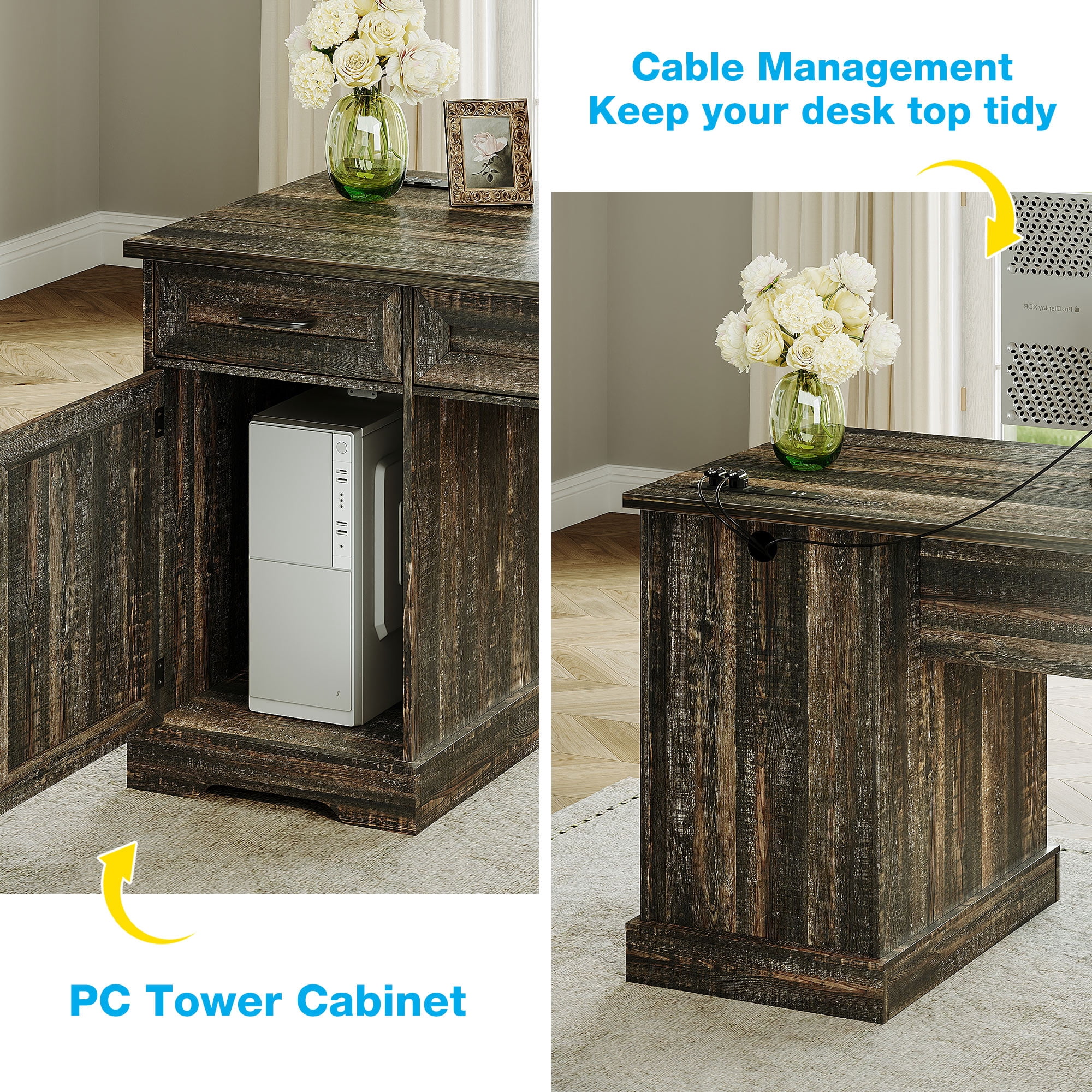 Casacomoda Home Office Desk with File Cabinet and Drawers, 59" Executive Desk with USB Power Outlet, Storage Cabinet for CPU, Workstation Table for Study, Dark Oak
