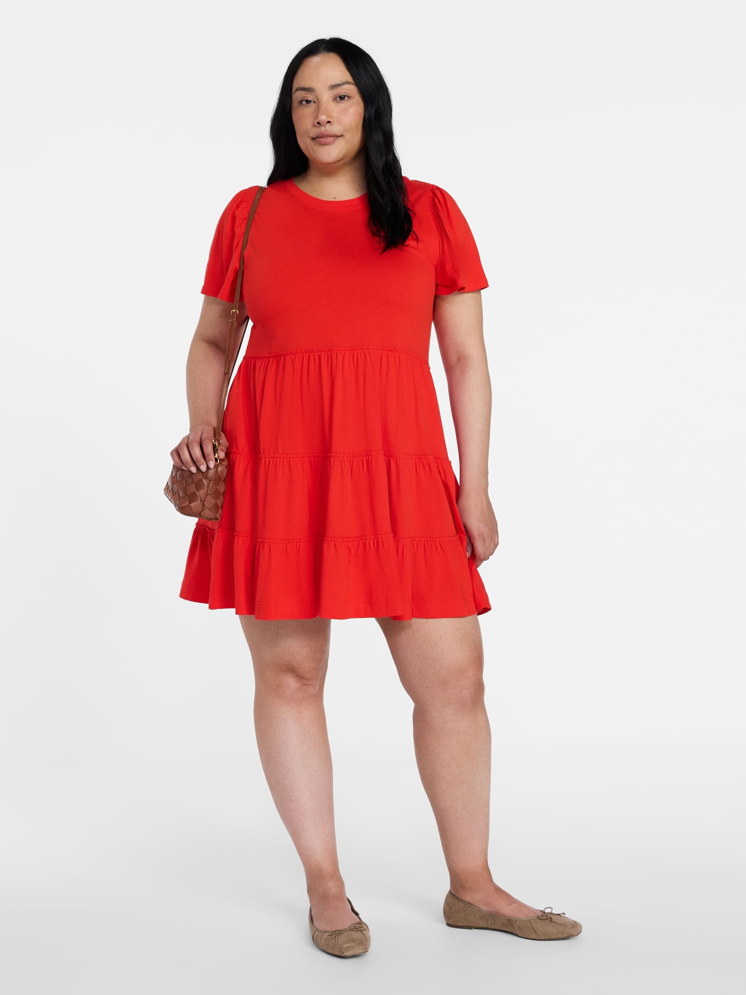 Time and Tru Women's and Women’s Plus Cotton Swing Dress with Short Sleeves, Sizes XS-4X