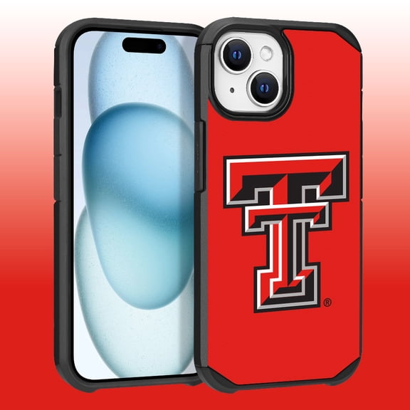Apple iPhone 15 (6.1) / iPhone 14 (6.1) / iPhone 13 (6.1) - Licensed NCAA of Texas Tech University Red Raiders Logo on Red Textured Dual Layer Case