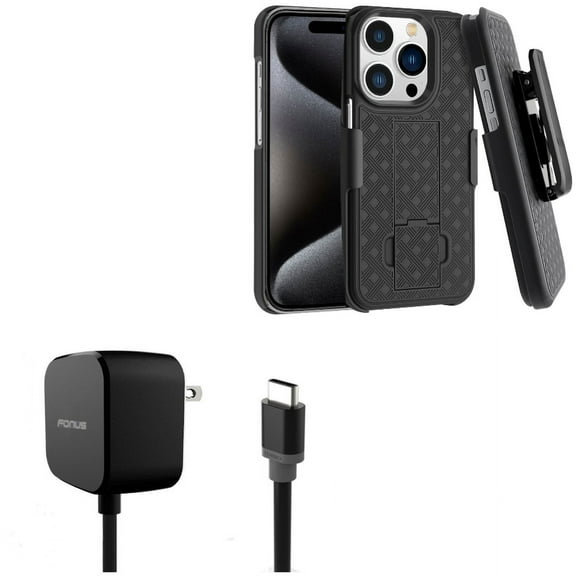 Fast Home Charger & Case Belt Clip for iPhone 15 Pro Max - 15W 5ft Long Type-C Turbo Charge and Holster Swivel Cover Kickstand D6G for iPhone 15 Pro Max (6.7")