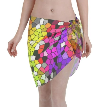 Adobk Women Beach Sarong Bathing Suit Colorful Tie Dye Stained Glass 1 Print Wrap Skirt Sheer Bikini Swimsuit Cover Ups For Swimwear