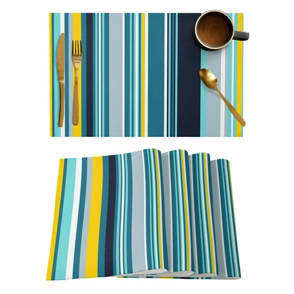 Teal Yellow Stripes Placemats Set of 6 Lines Art Farmhouse Heat Insulation Washable Place Mats, Rustic Non-Slip Table Mats for Dining Table Party Kitchen Decor,13x19 Inch